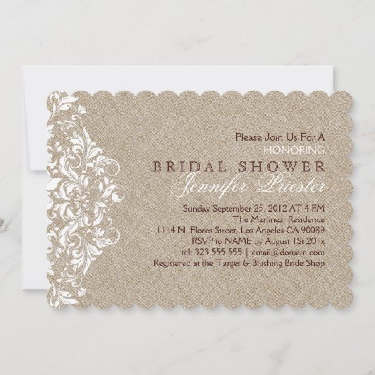 Beige Linen White Lace Vrijgezellenfeest Invite Kaart (Voorkant)