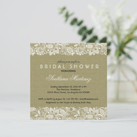 Beige Linen White Lace Vrijgezellenfeest Invite Kaart (Staand voorkant)