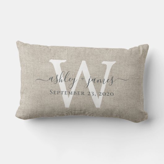 Beige Linen White Monogram Wedding Keepomwille Kussen (Achterkant)