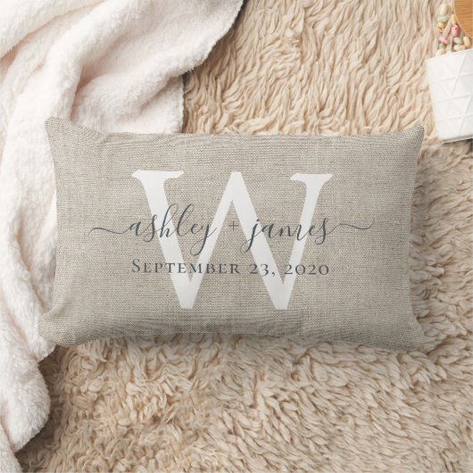 Beige Linen White Monogram Wedding Keepomwille Kussen (Deken)