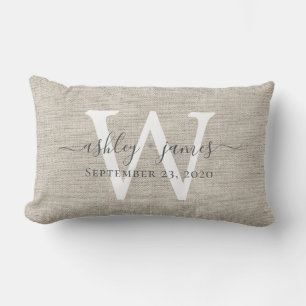Beige Linen White Monogram Wedding Keepomwille Kussen