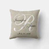 Beige Linen White Monogram Wedding Keepomwille Pil Kussen (Achterkant)