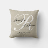 Beige Linen White Monogram Wedding Keepomwille Pil Kussen (Voorkant)