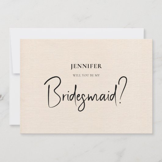Beige Linen White Script zal je zijn mijn Bridesma Kaart (Voorkant)