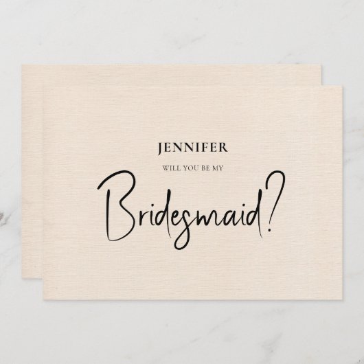 Beige Linen White Script zal je zijn mijn Bridesma Kaart (Voorkant / Achterkant)