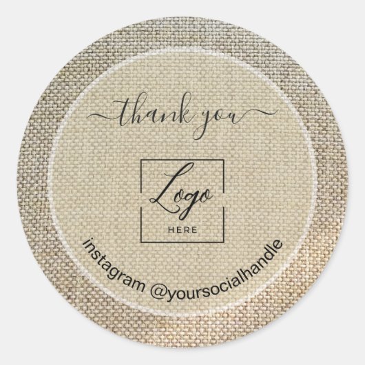 Beige linnen aangepaste logo naam dank je ronde sticker (Voorkant)