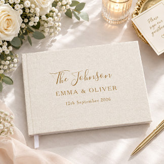 Beige Linnen Crème Minimalistische Script Chic Tro Gastenboek