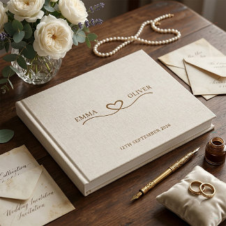Beige Linnen Crème Minimalistische Script Hart Tro Gastenboek