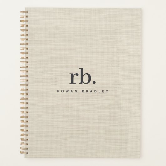 Beige Linnen Creme Textuur Eenvoudig Elegant Monog Planner (Voorkant)