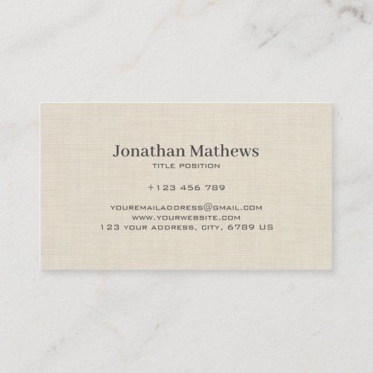 Beige Linnen Creme Textuur Eenvoudig Elegant Monog Visitekaartje (Achterkant)