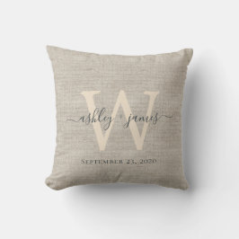 Beige Linnen Grijs Ivoor Monogram Trouwherinnering Kussen