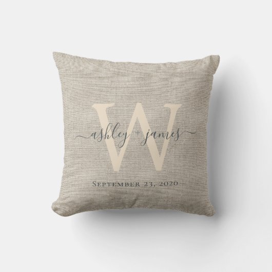 Beige Linnen Grijs Ivoor Monogram Trouwherinnering Kussen (Voorkant)