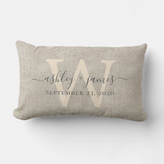 Beige Linnen Grijs Ivoor Monogram Trouwherinnering Kussen (Voorkant)
