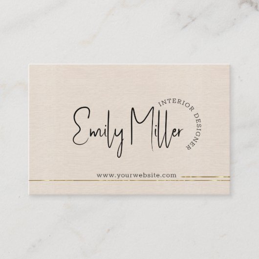 Beige Linnen interieurontwerp QR Code Gold Accent Visitekaartje (Voorkant)