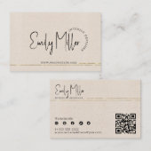 Beige Linnen interieurontwerp QR Code Gold Accent Visitekaartje (Voorkant / Achterkant)