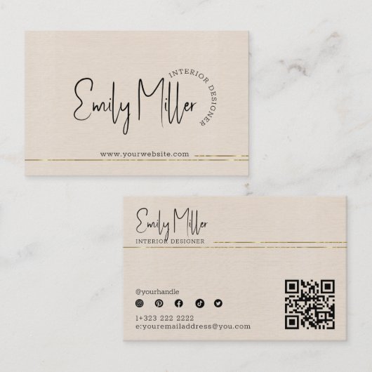 Beige Linnen interieurontwerp QR Code Gold Accent Visitekaartje (Voorkant / Achterkant)