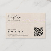 Beige Linnen interieurontwerp QR Code Gold Accent Visitekaartje (Achterkant)