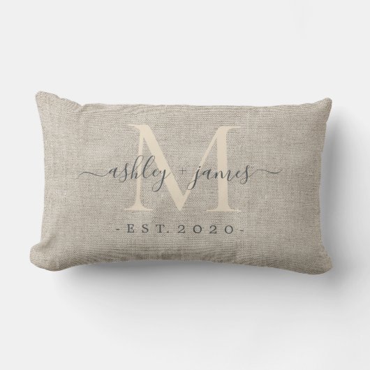 Beige Linnen Ivoor Monogram Script Trouwherinnerin Kussen (Voorkant)
