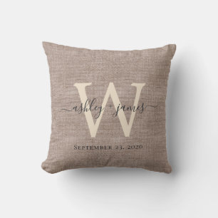 Beige Linnen Ivoor Monogram Trouwherinnering Kussen