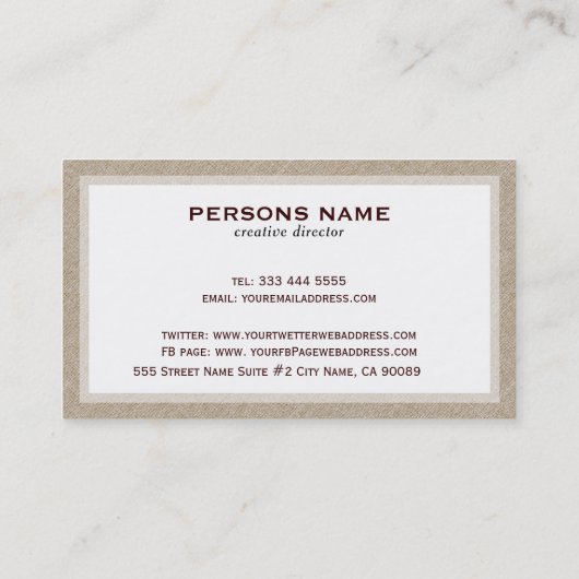 Beige linnen jute textuur witte achtergrond visitekaartje (Achterkant)