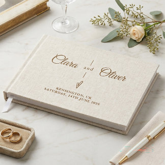 Beige Linnen Minimalistische Script Elegante Trouw Gastenboek