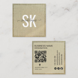 Beige Linnen Rustische Monogram QR-code Vierkante Visitekaartje