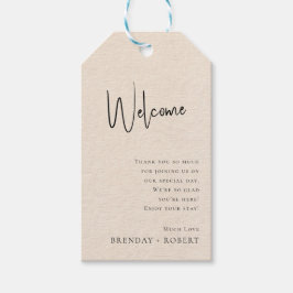 Beige linnen Simple Script Welcome Huwelijkscadeau Cadeaulabel