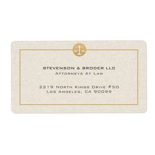 Beige Linnen Textuur & Gold Justice Logo Etiket (Voorkant)