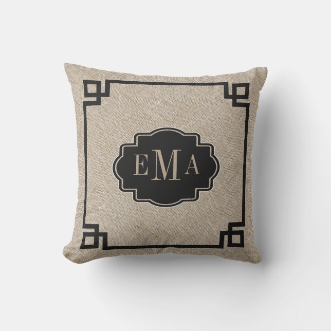 Beige Linnen Textuur Zwart Geometrisch Lijst Buitenkussen (Voorkant)