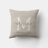 Beige Linnen Witte Monogram Huwelijksaandenken Kussen (Achterkant)
