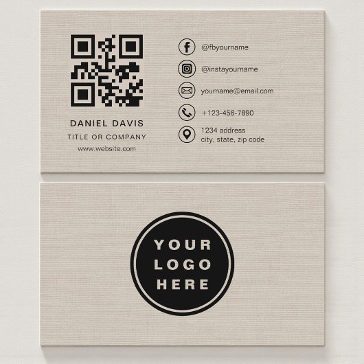 Beige Linnen Zakelijk Bedrijfslogo QR-code Visitekaartje