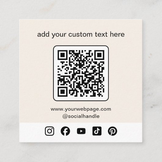 Beige Logo QR Code Social Media Vierkante Visitekaartje (Achterkant)