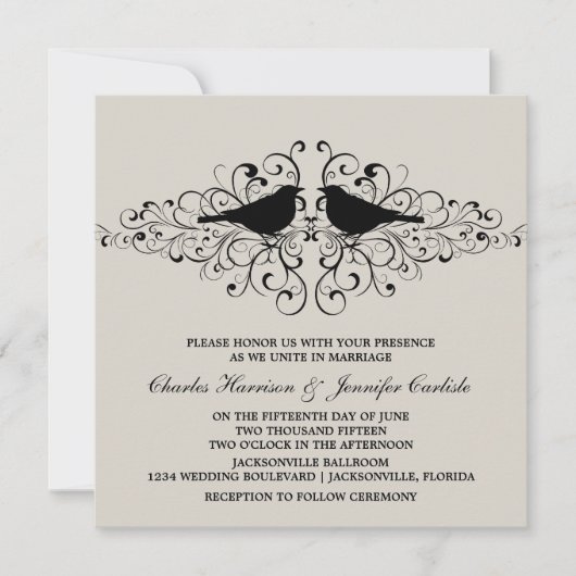Beige Love Bird Swirls Wedding Invitation Kaart (Voorkant)