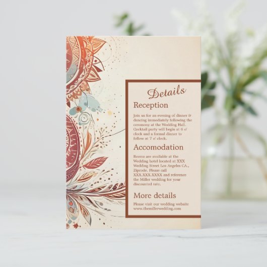 beige macrame bruiloft informatiekaartje (Staand voorkant)