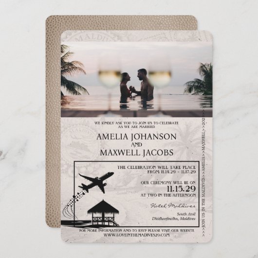 Beige Malediven Paspoort Huwelijksuitnodiging Kaart (Voorkant / Achterkant)