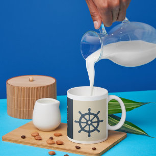 beige marineblauw stuurwiel Familienaam oprichting Koffiemok