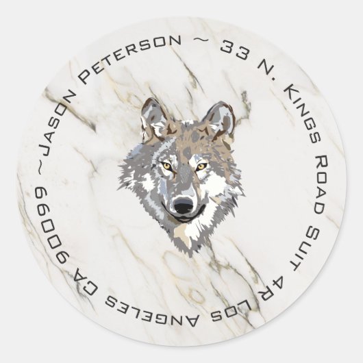 Beige marmer en wolf ronde sticker (Voorkant)