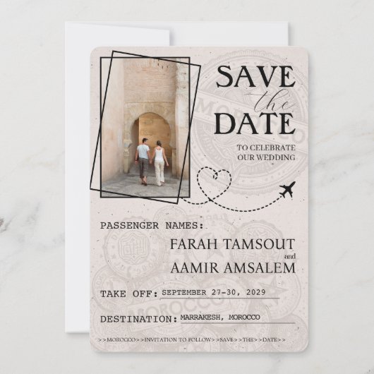Beige Marokko Paspoort Bewaar de datum Save The Date (Achterkant)