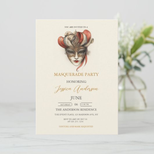 Beige Masquerade Party Verjaardag Kaart (Staand voorkant)