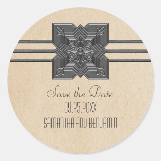 Beige Medallion Border Save the Date Stickers (Voorkant)