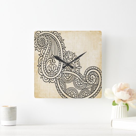 Beige Mehndi Motif Clock Vierkante Klok (Huis)