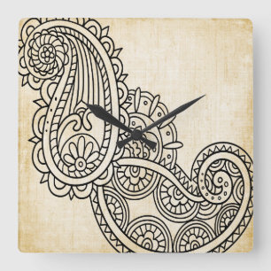 Beige Mehndi Motif Clock Vierkante Klok