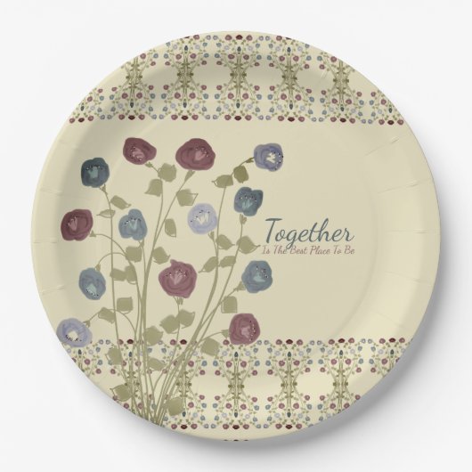 Beige met blauwe bloemen papieren bordje (Voorkant)
