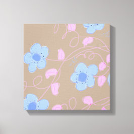 Beige Met Roze en Blauwe Bloemen Canvas Afdruk