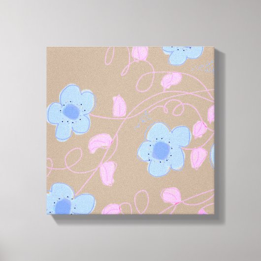 Beige Met Roze en Blauwe Bloemen Canvas Afdruk (Voorkant)