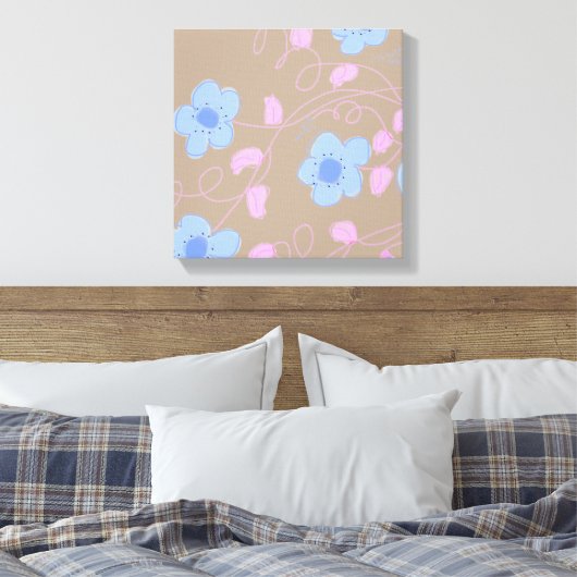 Beige Met Roze en Blauwe Bloemen Canvas Afdruk (Insitu (Slaapkamer))
