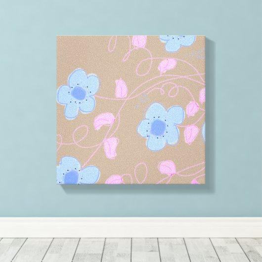 Beige Met Roze en Blauwe Bloemen Canvas Afdruk (Insitu (Houten vloer))