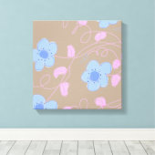 Beige Met Roze en Blauwe Bloemen Canvas Afdruk (Insitu (Houten vloer))