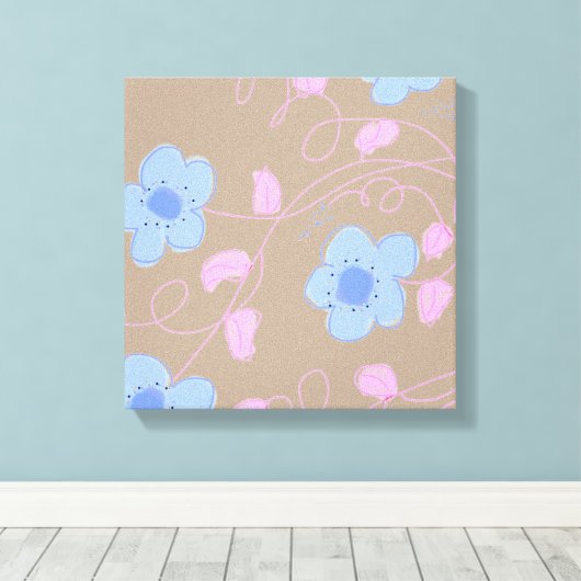 Beige Met Roze en Blauwe Bloemen Canvas Afdruk (Insitu (Houten vloer))