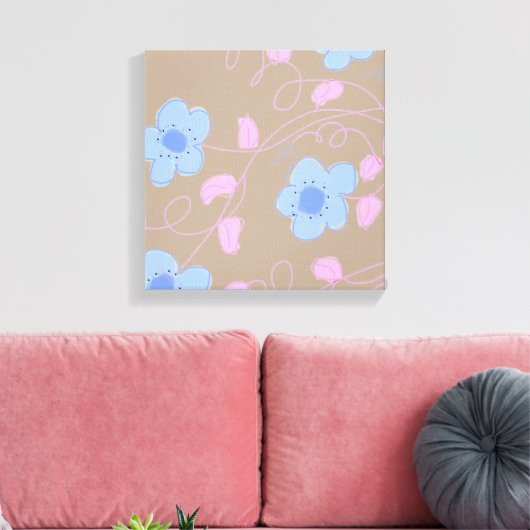 Beige Met Roze en Blauwe Bloemen Canvas Afdruk (Insitu (Woonkamer))